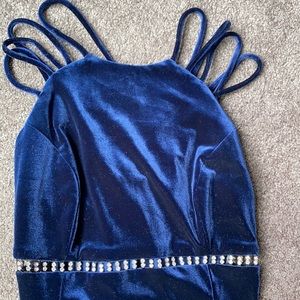 Dark blue velvet long length gown.